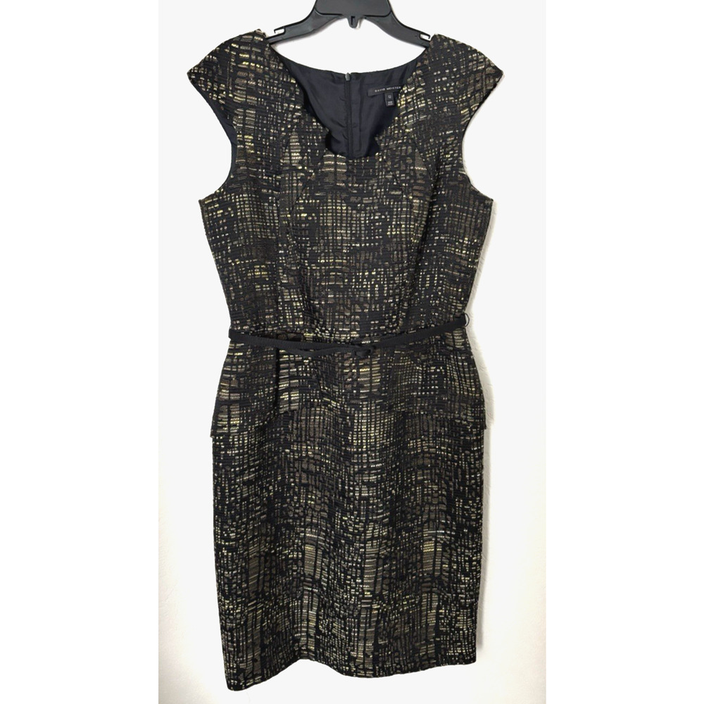 David Meister Black Textured Tweed Sweetheart Neck Belted Sheath Dress Sz 12